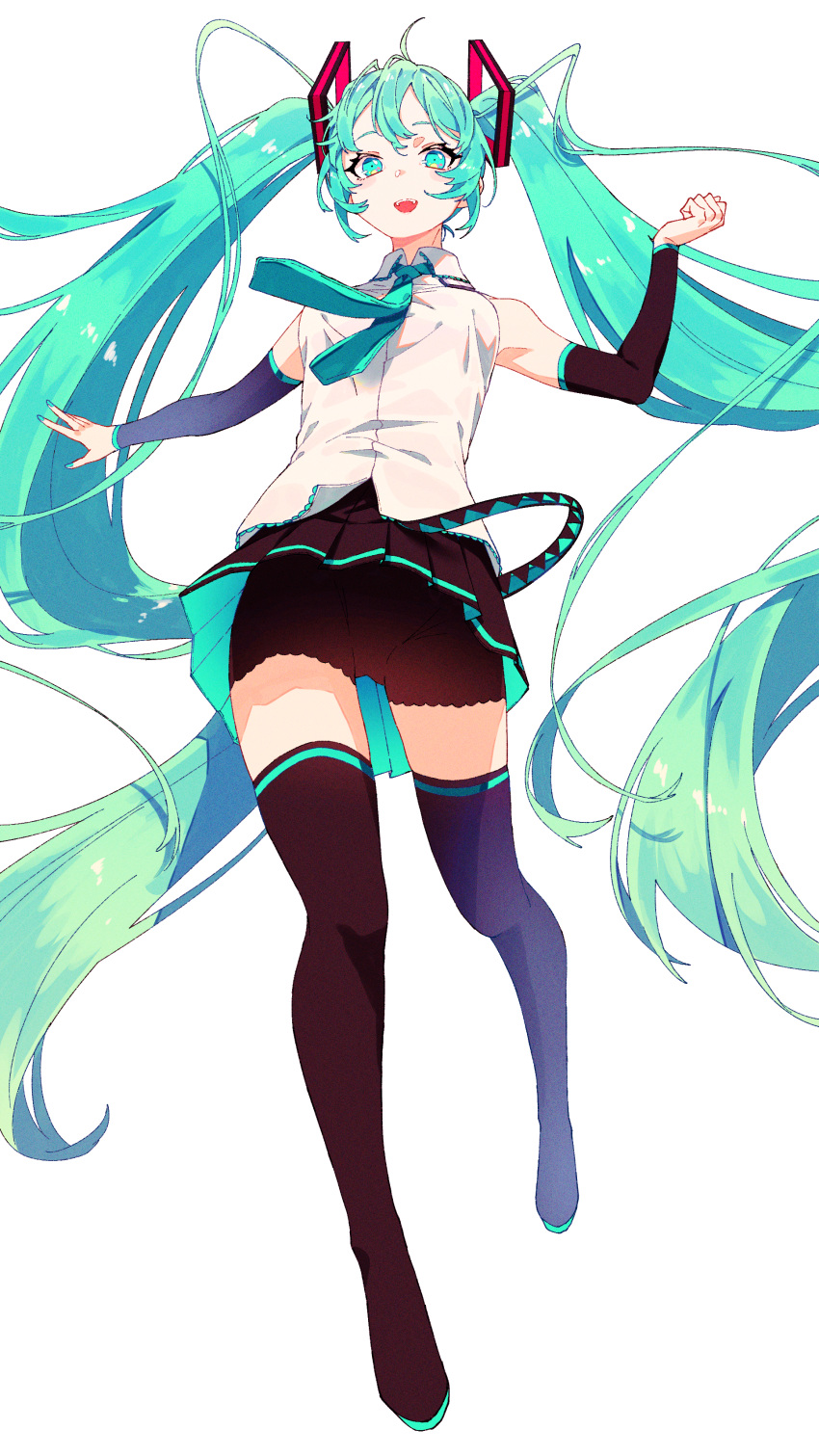 :d absurdres ahoge black_footwear black_shorts black_skirt black_sleeves boots collared_shirt commentary detached_sleeves female fuka_(hk_nemo) full_body green_eyes green_hair green_necktie hair_between_eyes hatsune_miku highres long_hair long_sleeves necktie open_mouth pleated_skirt shirt shorts simple_background skirt sleeveless sleeveless_shirt smile solo symbol-only_commentary teeth thigh_boots twintails upper_teeth_only very_long_hair vocaloid white_background white_shirt