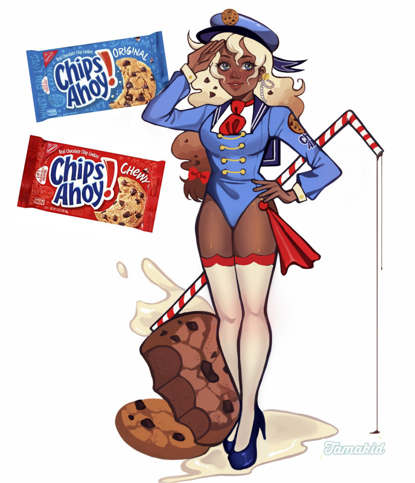 artist_name blonde_hair blue_eyes blue_footwear blue_hat blue_leotard blue_sailor_collar bow breasts brown_hair buttons chips_ahoy! chocolate_chip_cookie clothes_writing commentary cookie dark-skinned_female dark_skin drinking_straw english_commentary female food full_body gradient_hair hairbow hand_on_own_hip hand_up hat hat_ornament high_heels highres large_breasts leotard long_hair long_sleeves looking_at_viewer milk multicolored_hair necktie original personification red_bow red_necktie red_trim reference_inset sailor_collar salute shiny_skin shoes simple_background solo standing sweets tamakid thighhighs two-tone_hair very_dark_skin wavy_hair white_background white_thighhighs