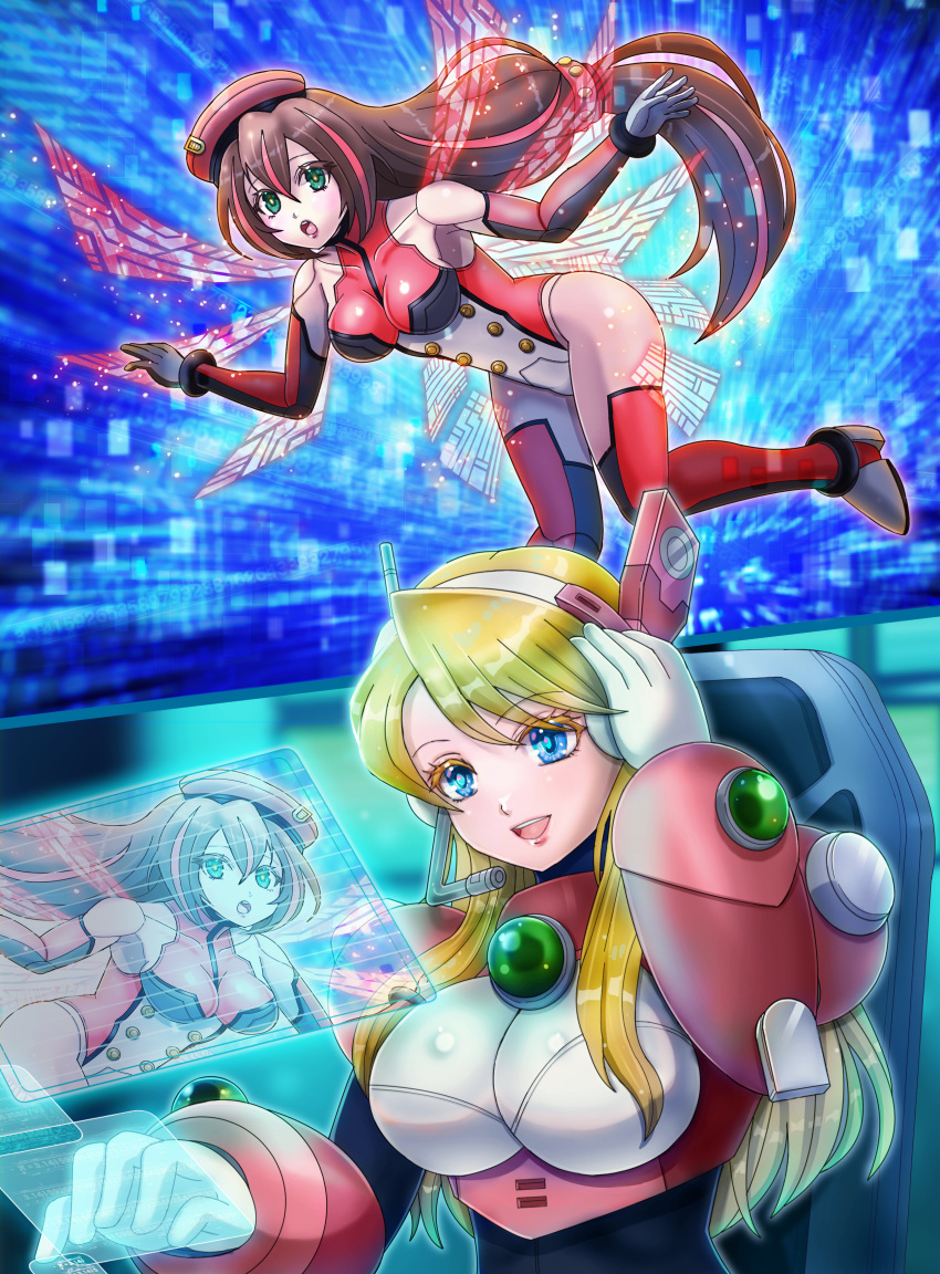 2girls absurdres alia_(mega_man) bare_shoulders blonde_hair blue_eyes breasts brown_hair commission energy_wings green_eyes hat highres holographic_interface iris_(mega_man) kiwakiwa large_breasts leotard long_hair mega_man_(series) mega_man_x_(series) multiple_girls pixiv_commission red_hat red_leotard two-tone_leotard white_leotard