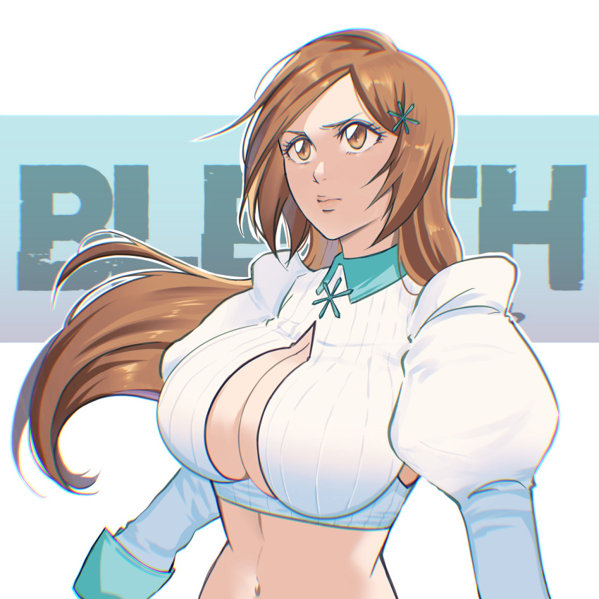 bleach bleach:_sennen_kessen-hen breasts brown_eyes closed_mouth female frown hair_ornament highres inoue_orihime large_breasts long_hair looking_ahead navel orange_hair parted_bangs puffy_sleeves serious solo viii_00908