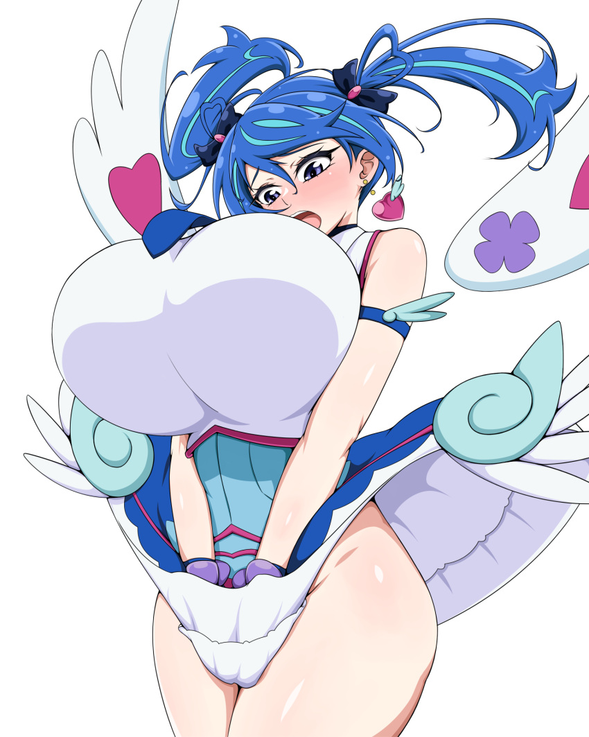 :o armlet blue_angel_(yu-gi-oh!) blue_eyes blue_hair blue_necktie blue_skirt blush bow breasts commission covering_privates cowboy_shot detached_wings earrings female hair_rings hairbow heart heart_earrings highres huge_breasts jewelry led_(pixiv190491) looking_down medium_hair necktie open_mouth pixiv_commission shiny_skin shirt simple_background skirt sleeveless sleeveless_shirt solo standing surprised thighs v_arms white_background white_shirt white_wings wide-eyed wind wind_lift wings yu-gi-oh! yu-gi-oh!_vrains zaizen_aoi