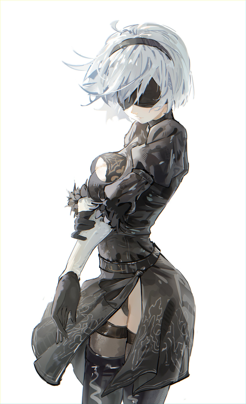 1542_700 2b_(nier:automata) absurdres belt black_panties black_thighhighs blindfold boots breasts cleavage cleavage_cutout clothing_cutout dress gloves highres medium_breasts nier:automata nier_(series) panties skirt skirt_cutout solo thigh_boots thighhighs underwear