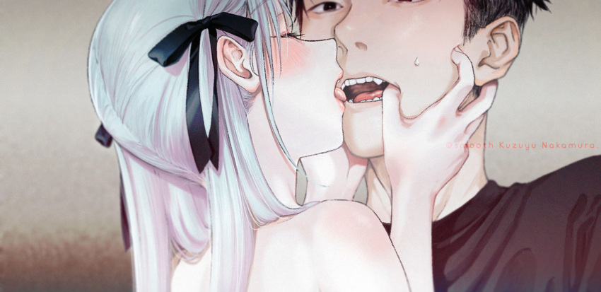 1boy bare_shoulders black_eyes black_hair black_ribbon black_shirt blush close-up closed_eyes female grey_background hair_ribbon hands_on_another's_face licking licking_another's_face licking_another's_lips long_hair nakamura_kuzuyu oerba_yun_fang open_mouth original ribbon shirt straight sweatdrop teeth tongue tongue_out white_hair