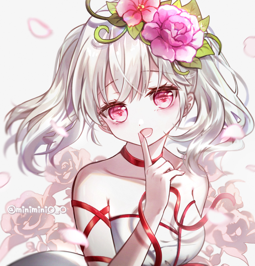 :d bare_shoulders blush breasts character_request choker collarbone commentary commission danby_merong dress female finger_to_mouth flower grey_background hair_flower hair_ornament hand_up head_tilt highres looking_at_viewer maplestory medium_breasts pink_flower pink_rose red_choker red_eyes red_flower red_ribbon ribbon rose smile solo strapless strapless_dress symbol-only_commentary twintails upper_body white_dress white_hair