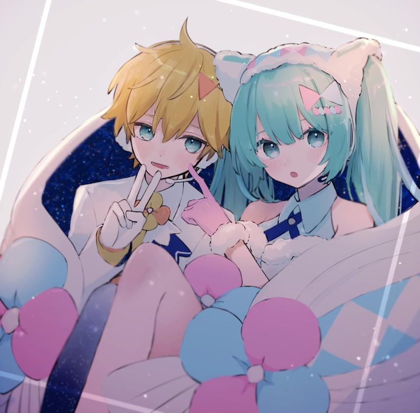 1boy aqua_eyes aqua_hair bare_shoulders blonde_hair blue_legwear commentary dress ebi_(yzpiyo039) female formal fur-trimmed_dress fur-trimmed_gloves fur-trimmed_headwear fur_trim gloves hair_ornament hatsune_miku headphones headset index_finger_raised kagamine_len long_hair looking_at_viewer magical_mirai_(vocaloid) magical_mirai_len magical_mirai_len_(2020_winter) magical_mirai_miku magical_mirai_miku_(2020_winter) open_mouth shared_clothes single_thighhigh sitting smile spiked_hair suit thighhighs twintails v vocaloid white_suit