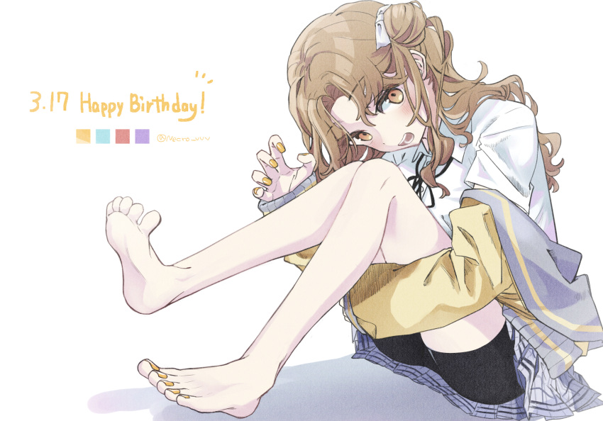 bare_legs barefoot bike_shorts bike_shorts_under_skirt birthday black_shorts blush cardigan_pull dated feet female grey_skirt hair_bun happy_birthday head_tilt highres hugging_own_legs ichikawa_hinana idolmaster idolmaster_shiny_colors knees_up light_brown_hair long_hair looking_at_viewer nail_polish neck_ribbon necro_vvv plaid plaid_skirt pleated_skirt ribbon school_uniform shirt shorts shorts_under_skirt simple_background single_side_bun skirt soles solo toenail_polish toenails toes twitter_username upskirt wavy_hair white_background white_shirt