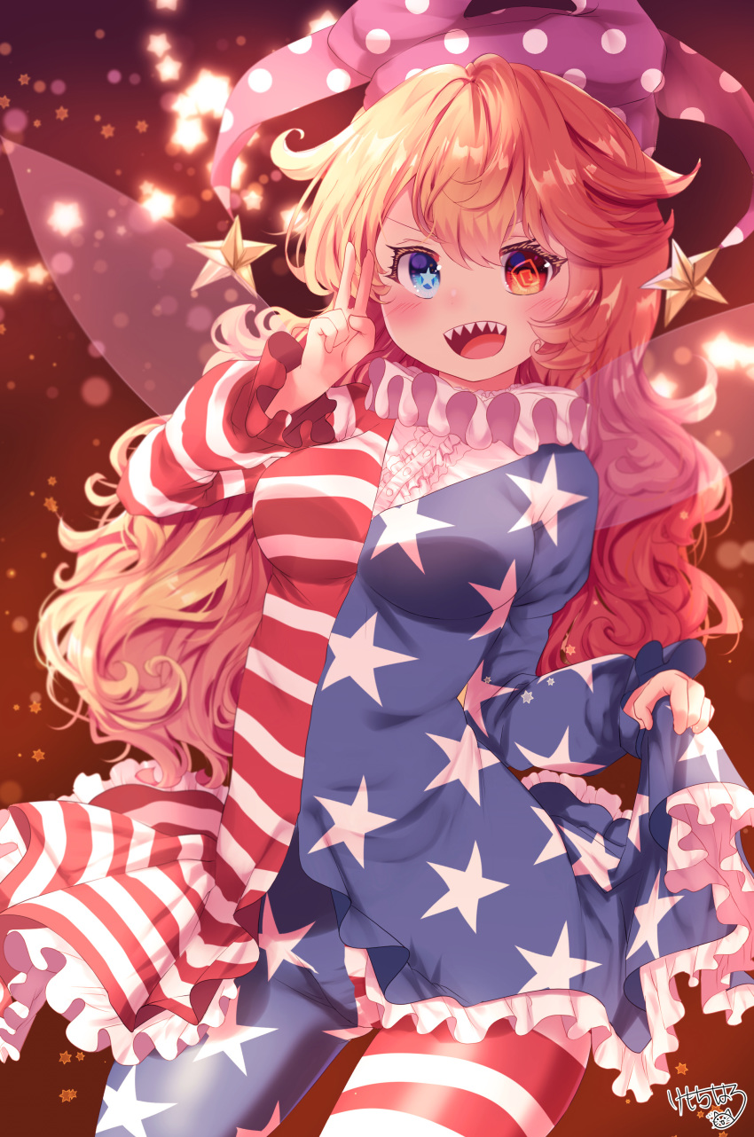 :d absurdres american_flag_dress american_flag_legwear blonde_hair blue_eyes breasts clownpiece cowboy_shot fairy_wings female hat heterochromia highres jester_cap kemo_chiharu long_hair looking_at_viewer medium_breasts neck_ruff open_mouth pantyhose polka_dot purple_hat red_background red_eyes sharp_teeth signature smile solo star-shaped_pupils star_(symbol) striped symbol-shaped_pupils teeth touhou transparent_wings v very_long_hair wings