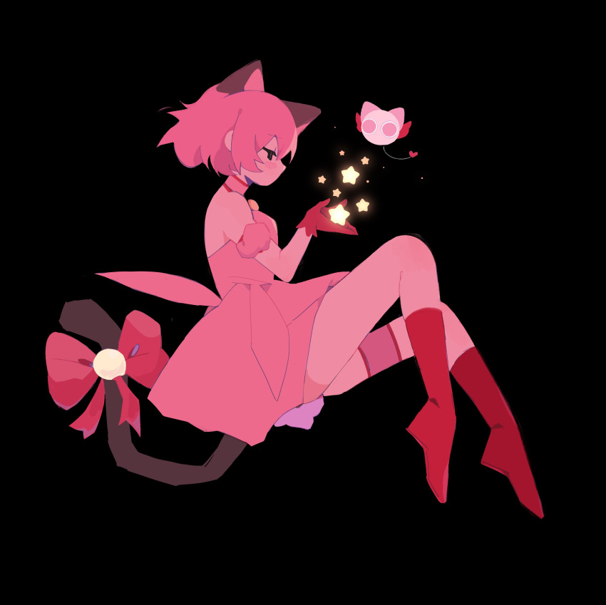 absurdres animal_ears black_eyes boots bow cat_ears cat_girl cat_tail dress english_commentary female floating hair_behind_ear highres ikumi_mia_(mangaka) magical_girl masha_(tokyo_mew_mew) mew_ichigo milkoe momomiya_ichigo pink_dress red_bow red_footwear sitting solo tail tail_bow tail_ornament thigh_strap tokyo_mew_mew