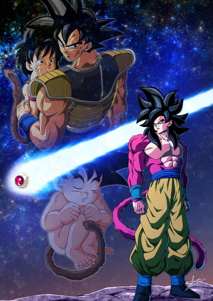 3boys absurdres armor arms_at_sides baby bardock barefoot black_hair body_fur closed_eyes closed_mouth commentary_request cross_scar dragon_ball dragon_ball_gt dragon_ball_minus dragon_ball_super dual_persona family female gine highres male_focus monkey_boy monkey_tail multiple_boys no_nipples nude pants pectorals saiyan saiyan_armor scar scar_on_cheek scar_on_face sen_(sen_5296) short_hair shoulder_armor signature sky smile son_goku space spiked_hair star_(sky) starry_sky super_saiyan super_saiyan_4 tail toenails