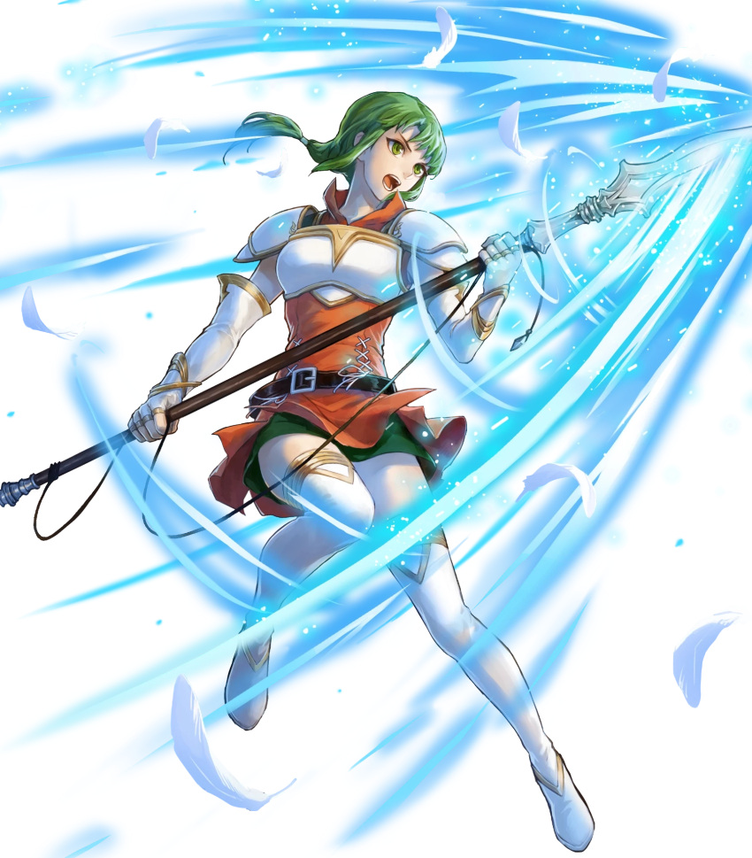 armor belt boots breastplate dress elbow_gloves feathers female fingerless_gloves fire_emblem fire_emblem:_the_sacred_stones fire_emblem_heroes full_body gloves gold_trim green_eyes green_hair highres holding holding_weapon leg_up long_hair looking_away low_ponytail non-web_source official_art open_mouth polearm ponytail short_dress shoulder_armor shoulder_pads sidelocks sleeveless solo spear teeth thigh_boots transparent_background uroko_(mnr) vanessa_(fire_emblem) weapon zettai_ryouiki