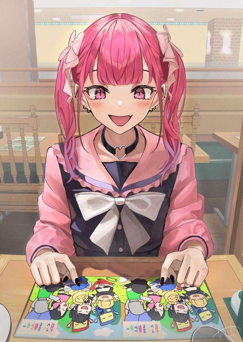 absurdres black_nails chair choker commentary_request earrings female heart heart_choker highres hinamizawa_hinami_(tetto) indoors jewelry jirai_kei long_hair original pink_eyes pink_hair restaurant saizeriya sitting solo spot_the_differences table tetto_(onnoveltet) twintails