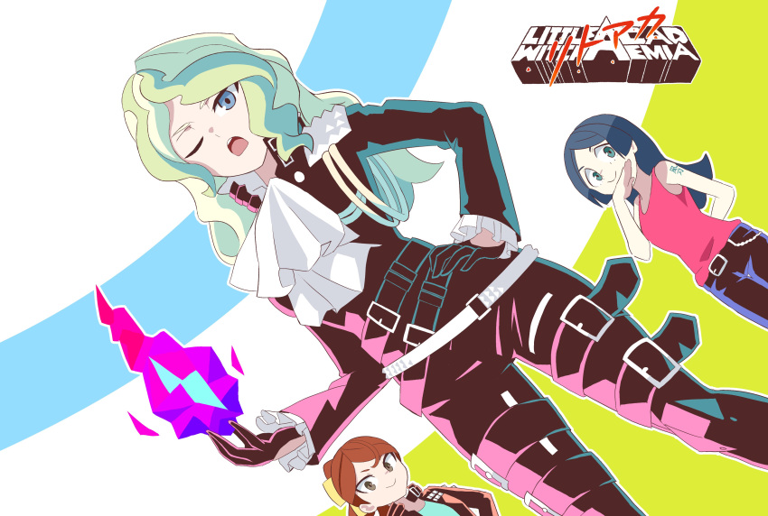 3girls absurdres barbara_parker blonde_hair blue_eyes company_connection cosplay crossover diana_cavendish gueira gueira_(cosplay) hanna_england highres lio_fotia lio_fotia_(cosplay) little_witch_academia meis_(promare) meis_(promare)_(cosplay) multiple_girls petoka promare trigger_(company)