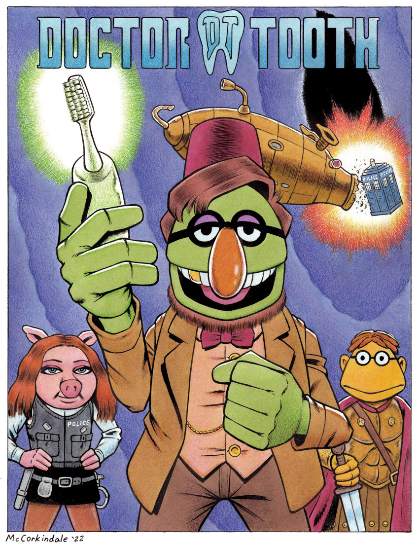 2022 4_fingers 5_fingers amy_pond anthro armor beard belt big_nose blue_eyes border bottomwear bow_tie british_broadcasting_corporation brown_hair bruce_mccorkindale brush cape centurion clothing cuff_(restraint) denise_(muppets) doctor_who domestic_pig dr._teeth eleventh_doctor english_text eyewear facial_hair female fez fingers glasses gold_(metal) gold_tooth green_body group hair handcuffs hat headgear headwear hi_res humanoid jacket looking_at_viewer male mammal melee_weapon metal_cuffs muppet muppets noseless pants pink_body pink_skin police police_uniform red_hair restraints roman_clothing rory_williams scooter_(muppets) ship signature skirt snout suid suina sus_(pig) sword tardis teeth text the_doctor_(doctor_who) the_muppet_show toothbrush topwear uniform vehicle vest watercraft weapon white_border yellow_body