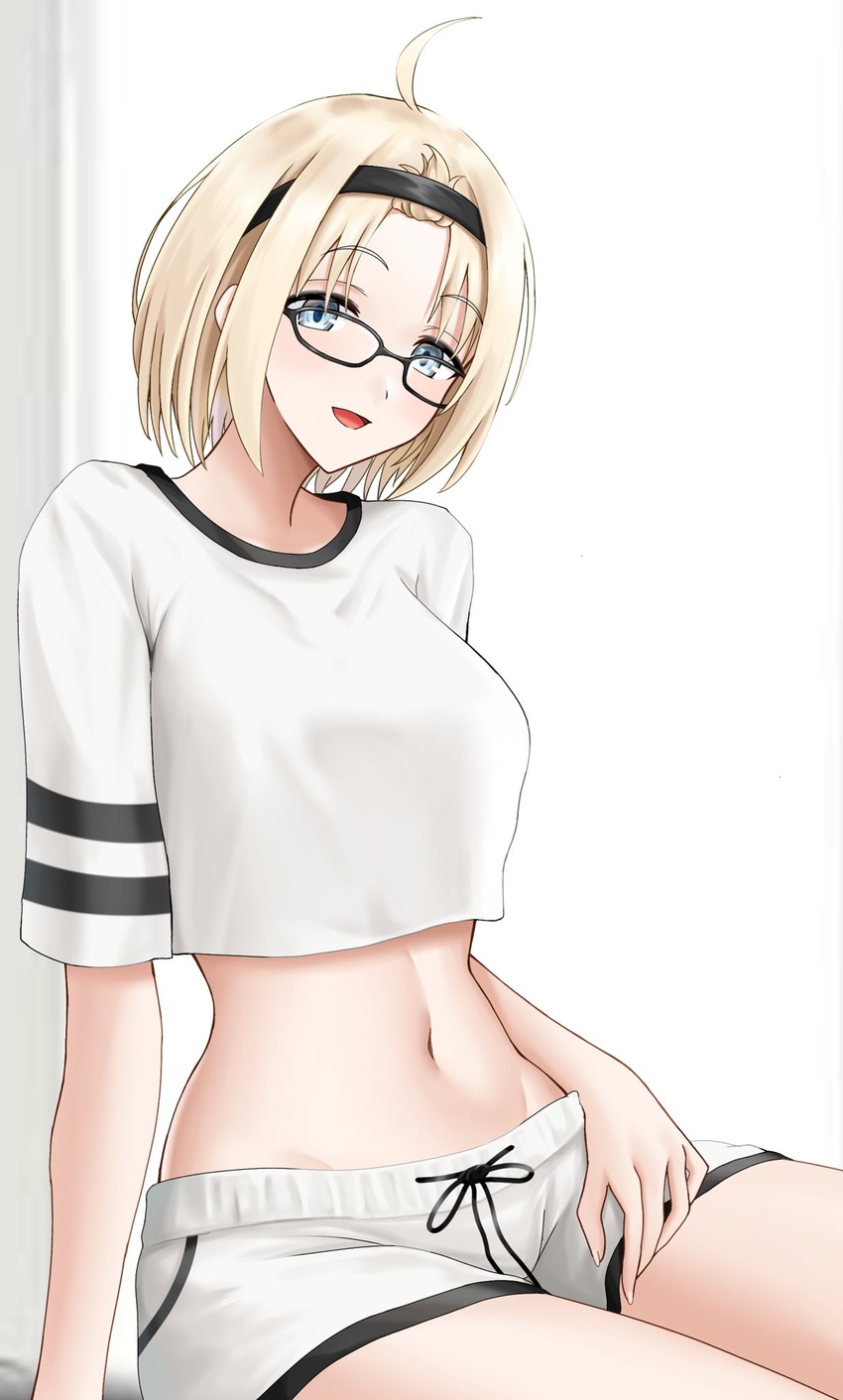 :d ahoge azur_lane bataan_(azur_lane) black-framed_eyewear black_hairband blonde_hair blue_eyes breasts commentary_request crop_top female glasses groin hairband highres jakqbigone large_breasts looking_at_viewer midriff navel open_mouth shirt short_hair short_shorts short_sleeves shorts sitting smile solo stomach thighs white_shirt white_shorts