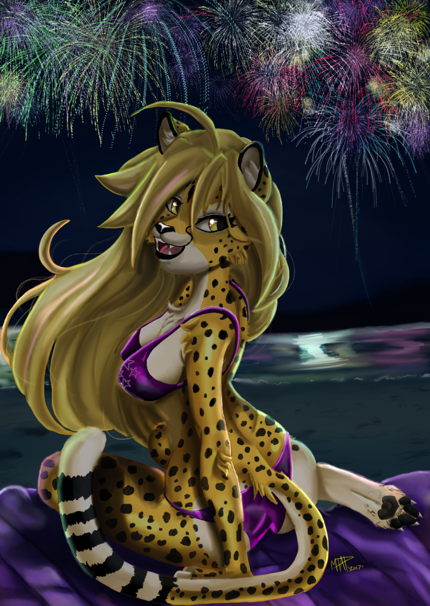 2017 anthro arm_tuft ass bikini black_lips black_nose black_pawpads black_spots black_stripes blonde_hair breasts cheek_tuft cheetah chest_tuft claws clothed clothing digital_media_(artwork) exposure_variation facial_tuft felid feline female fireworks fur hair hi_res hindpaw inner_ear_fluff lips long_hair looking_at_another looking_back mammal markings mihari mtapartstuff night nipple_outline open_mouth pawpads paws purple_bikini purple_clothing purple_swimwear shoulder_tuft signature sitting solo spots spotted_body spotted_fur spotted_markings spotted_tail striped_body striped_fur striped_markings striped_tail stripes swimwear tail tail_markings teeth toe_claws tuft water yellow_body yellow_eyes yellow_fur