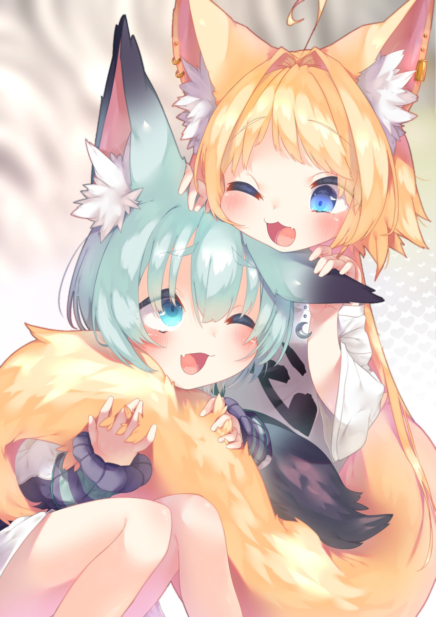 2girls :3 ahoge animal_ear_fluff animal_ears blonde_hair blue_eyes blue_hair blush coat earclip eyebrows fox_ears fox_girl fox_tail hair_intakes hands_on_another's_head highres hugging_another's_tail hugging_tail long_hair meruru_(auzh4355) multiple_girls one_eye_closed open_mouth original shirt short_hair sitting skirt smile tail tail_on_face very_long_hair white_coat white_shirt white_skirt