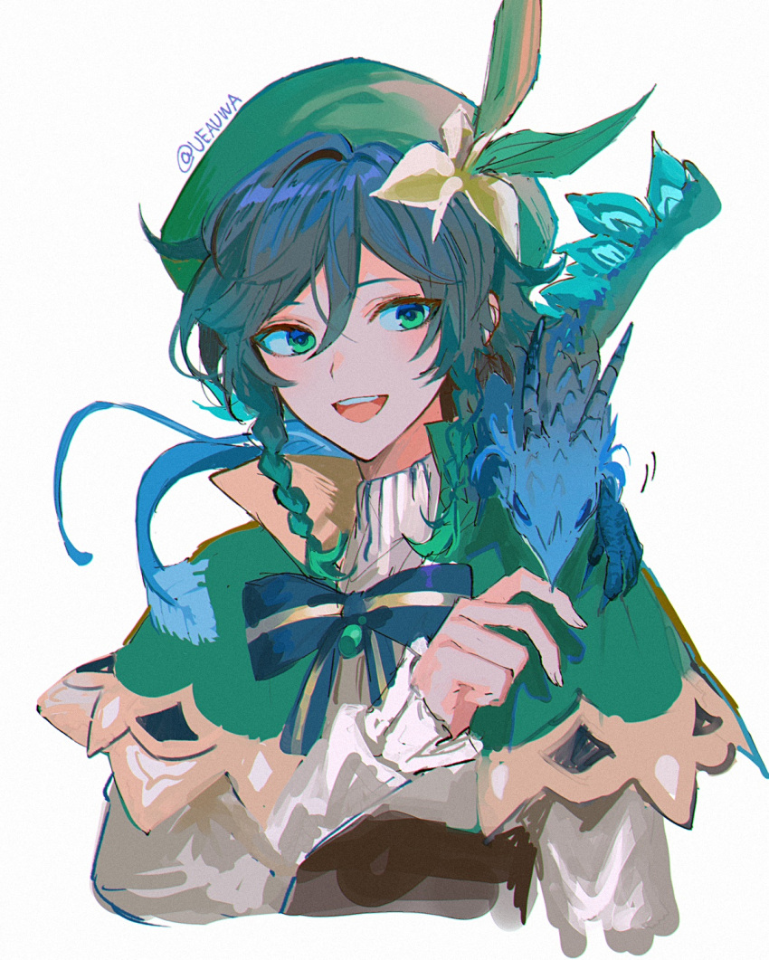 1boy aqua_eyes aqua_hair bad_id bad_twitter_id beret bishounen black_hair braid cape collared_cape commentary_request corset dragon dragon_on_shoulder dvalin_(genshin_impact) flower frilled_sleeves frills genshin_impact gradient_hair green_cape green_hat hat hat_flower highres male_focus multicolored_hair short_hair_with_long_locks simple_background solo twin_braids ueauwa venti_(genshin_impact) white_background white_flower