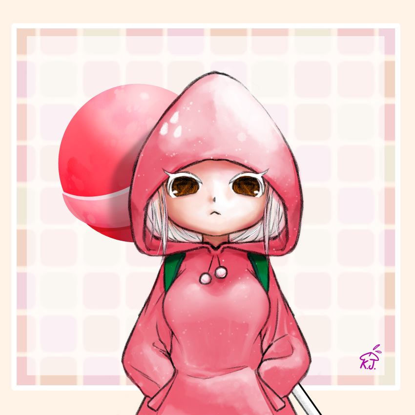 brown_eyes candy cookie_run female food frown highres hood hoodie humanization lollipop messy_hair moe_kayjay patterned_background solo square strawberry_cookie unworn_hoodie white_hair