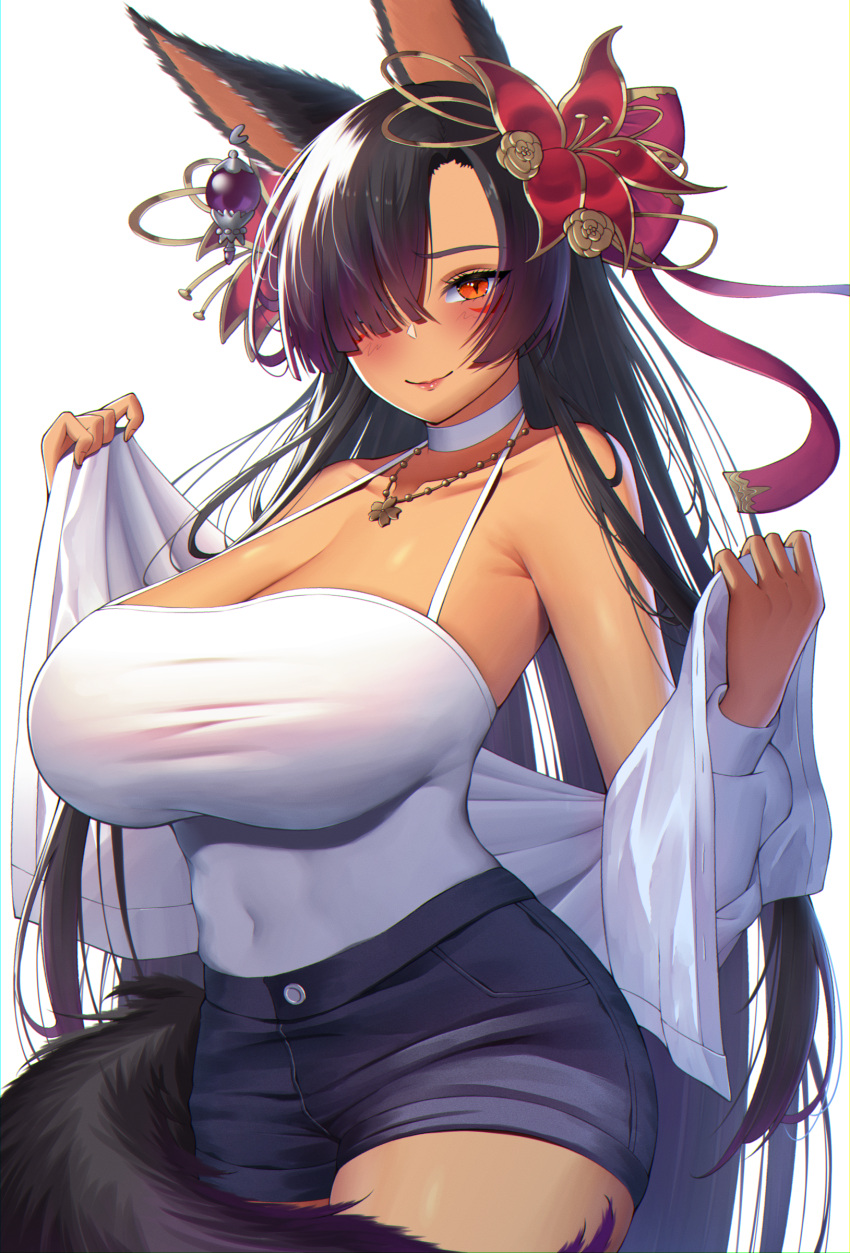 absurdres animal_ears bare_shoulders black_hair blush breasts camisole cleavage closed_mouth collarbone commission covered_navel cowboy_shot dark-skinned_female dark_skin female flower fox_ears fox_tail hair_flower hair_ornament hair_over_one_eye highres himeliofon huge_breasts jewelry long_bangs long_hair looking_at_viewer necklace original red_eyes shirt short_shorts shorts simple_background smile tail taut_clothes taut_shirt very_long_hair white_background