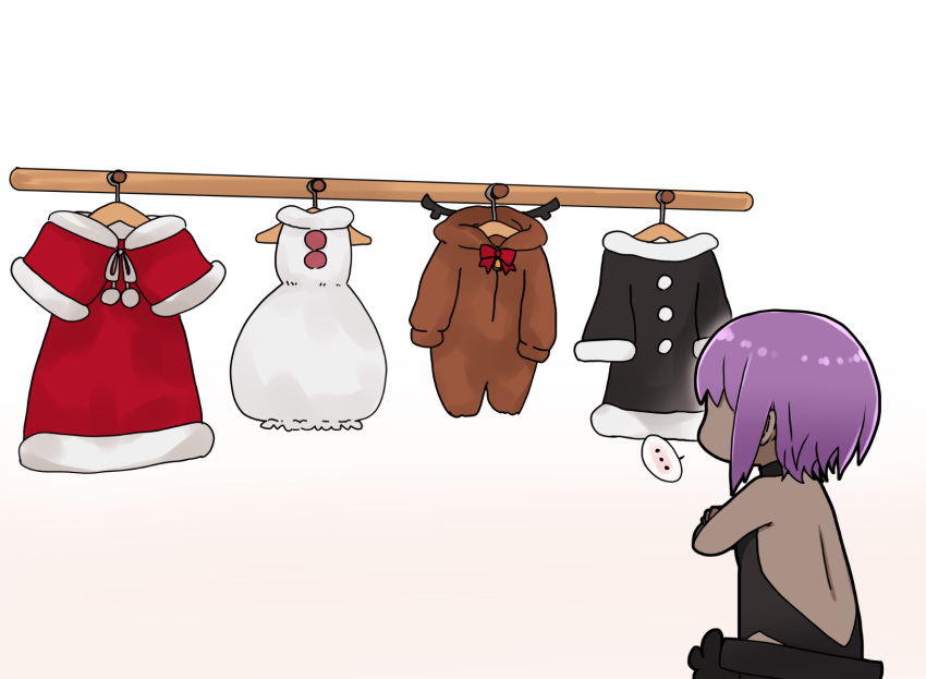 ... animal_costume backless_outfit bare_shoulders black_bodysuit black_dress bodysuit capelet chibi clothes_hanger commentary_request crossed_arms dark-skinned_female dark_skin dress facing_away fate/prototype fate/prototype:_fragments_of_blue_and_silver fate_(series) female from_behind fur-trimmed_capelet fur-trimmed_dress fur-trimmed_sleeves fur_trim gradient_background grey_background hassan_of_serenity_(fate) highres i.u.y long_sleeves purple_hair red_capelet red_dress reindeer_costume santa_costume sidelocks snowman_costume solo spoken_ellipsis very_dark_skin white_background white_dress