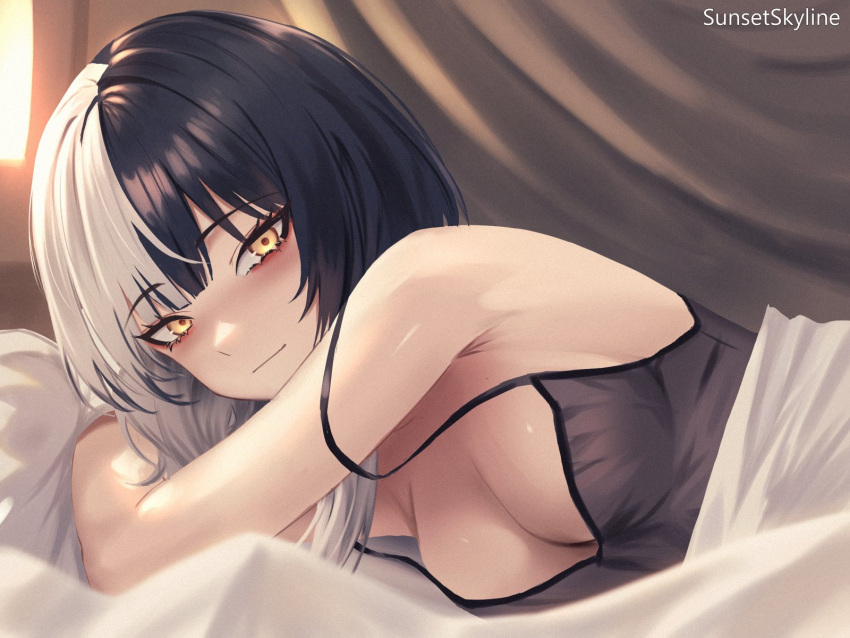 artist_name bare_shoulders bed bed_sheet black_camisole black_hair blush breasts camisole closed_mouth commentary english_commentary female highres hololive hololive_english indoors large_breasts long_hair looking_at_viewer lying multicolored_hair on_bed pillow shiori_novella sleeveless solo spaghetti_strap split-color_hair sunset_skyline two-tone_hair virtual_youtuber white_hair yellow_eyes