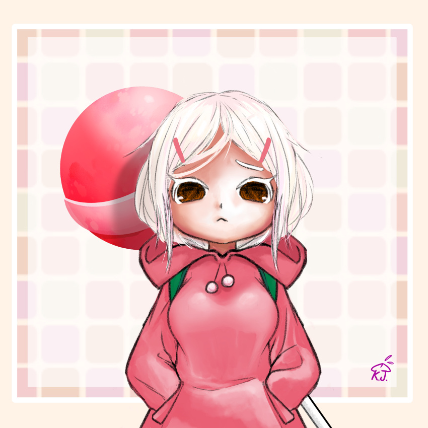 brown_eyes candy cookie_run female food frown highres hood hoodie humanization lollipop messy_hair moe_kayjay patterned_background solo square strawberry_cookie unworn_hoodie white_hair