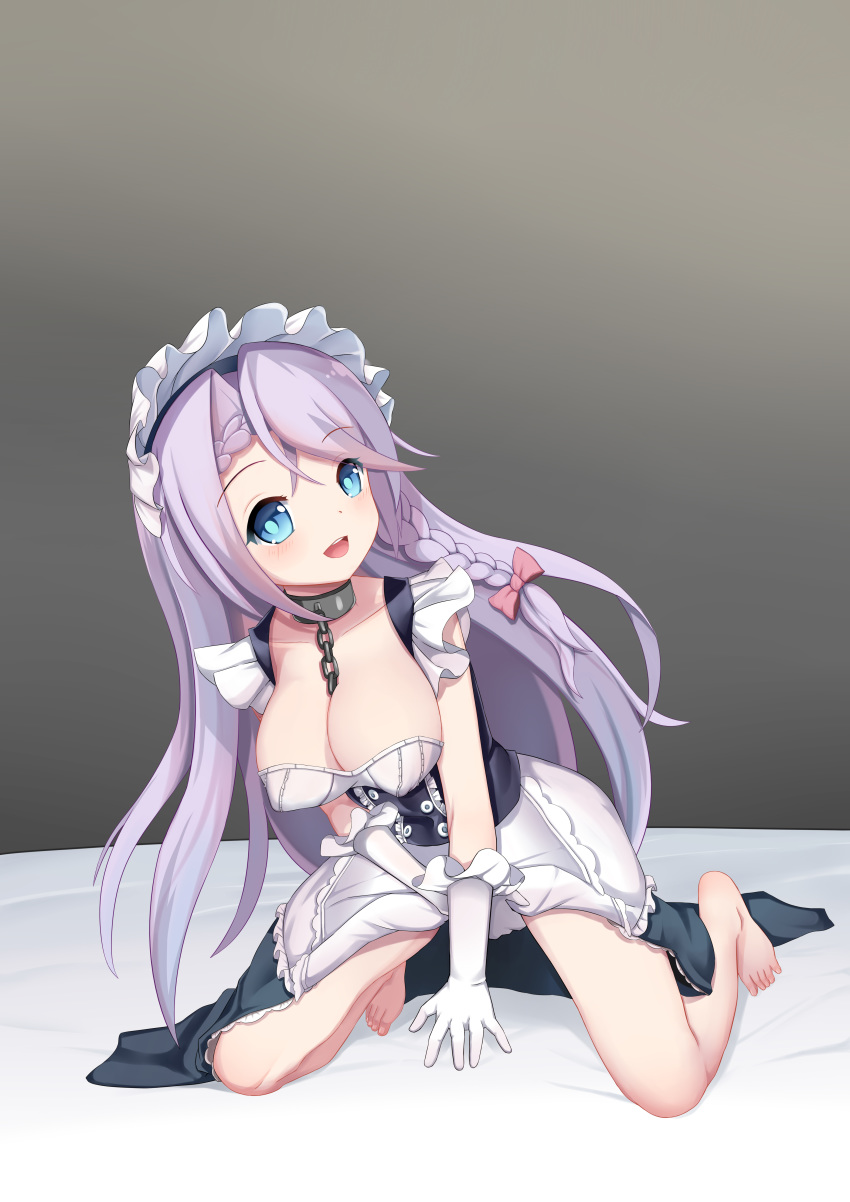 :d absurdres apron arm_support azur_lane barefoot bed_sheet belfast_(azur_lane) belfast_(azur_lane)_(cosplay) black_dress blue_eyes blush braid breasts broken broken_chain chains chinese_commentary cleavage clothes_lift collar collarbone commentary_request cosplay covered_nipples crotch_grab dress dress_lift female french_braid frilled_apron frilled_dress frilled_gloves frilled_sleeves frills full_body gloves grey_background grey_hair hair_between_eyes hair_ribbon hanging_breasts head_tilt highres kneeling large_breasts lifting_own_clothes long_dress long_hair looking_at_viewer maid maid_apron maid_headdress open_mouth ribbon shadow sidelocks simple_background sleeveless sleeveless_dress smile solo teeth the_hermit upper_teeth_only very_long_hair vestal_(azur_lane) white_apron white_gloves white_headwear