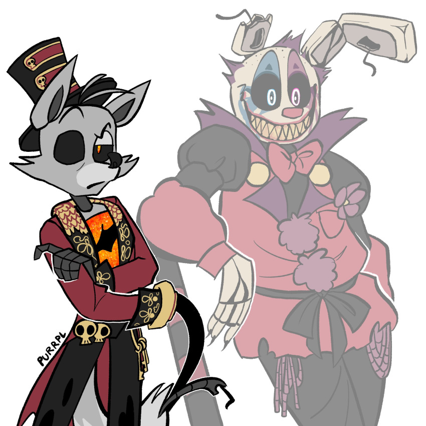 1:1 1_eye 2020 4_fingers angry animatronic annoyed anthro big_pupils black_eyebrows black_nose black_sclera blue_eyes bone bottomwear bow_tie canid canine claws clothed clothing clown clown_nose clown_springtrap_(fnaf) coat crossed_arms dilated_pupils disappearing duo eyebrows fingers five_nights_at_freddy's five_nights_at_freddy's_3 five_nights_at_freddy's_ar flower fox foxy_(fnaf) fur grey_body grey_fur grey_tail hair half-closed_eyes hat headgear headwear hi_res key keyring lagomorph leporid lips long_ears looking_at_viewer machine male mammal metal metallic metallic_body multicolored_body multicolored_eyes multicolored_tail narrowed_eyes notched_ear orange_body orange_eyes pants pirate plant pupils purple_eyes purple_hair purrpl_(artist) rabbit raised_eyebrow raised_eyebrows red_lips red_nose ringmaster ringmaster_foxy_(fnaf) robot rotten_teeth scottgames sharp_teeth shirt short_hair signature simple_background skull smile springtrap_(fnaf) standing tail teeth top_hat topwear torn_body translucent translucent_body uniform weapon whip whip_hand white_background white_body white_fur white_tail wide_eyed wire yellow_teeth