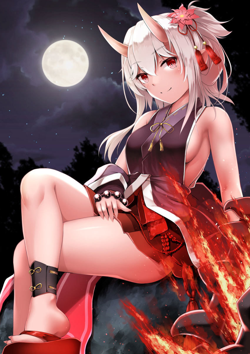 breasts crossed_legs female flower full_moon hair_flower hair_ornament highres horns kuromayu looking_at_viewer medium_breasts medium_hair moon night oni onibahime_(sennen_sensou_aigis) outdoors pointy_ears red_eyes sennen_sensou_aigis shin_guards sideboob sitting skin-covered_horns slit_pupils smile solo white_hair