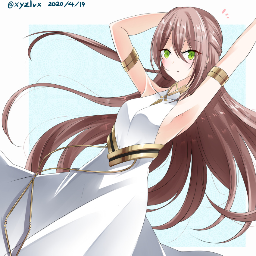 adele_(fate) armpits arms_up bare_shoulders blue_background blush breasts brown_hair collarbone commentary_request covered_collarbone dated dress fate/grand_order fate_(series) female green_eyes hair_between_eyes hebitsukai-san highres long_hair looking_at_viewer medium_breasts parted_lips sleeveless sleeveless_dress solo twitter_username two-tone_background very_long_hair white_background white_dress