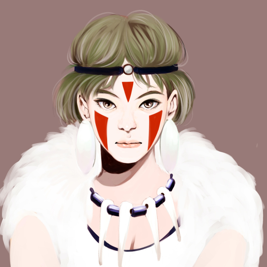 brown_eyes brown_hair chibigou closed_mouth earrings facepaint facial_mark female fur headband highres jewelry looking_at_viewer mononoke_hime necklace san_(mononoke_hime) short_hair simple_background solo tooth_necklace