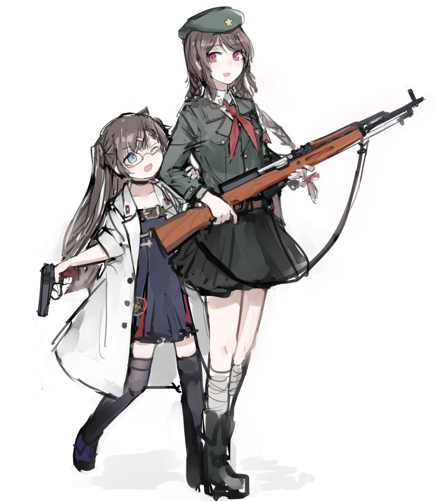 2girls belt beret black_skirt blue_dress blue_eyes boots braid brown_hair choker coat commentary dress full_body girls'_frontline glasses green_headwear green_jacket gun hair_ornament hairclip handgun hat height_difference highres holding holding_another's_arm holding_weapon jacket long_hair long_sleeves looking_at_another makarov_pm miniskirt multiple_girls neckerchief nuzzle one_eye_closed open_mouth pink_eyes rampart1028 red_neckerchief rifle short_dress simple_background skirt sks smile standing star_(symbol) thighhighs twin_braids type_56_carbine_(girls'_frontline) type_59_(girls'_frontline) weapon white_background white_coat