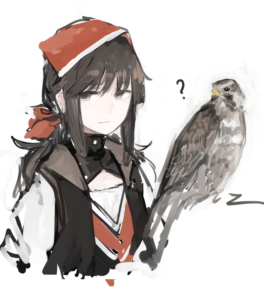 1other ? animal bird black_vest brown_eyes brown_hair commentary falcon falcon_(girls'_frontline) female girls'_frontline headband highres long_hair ponytail rampart1028 red_headband ribbon shirt sidelocks simple_background vest white_background white_shirt