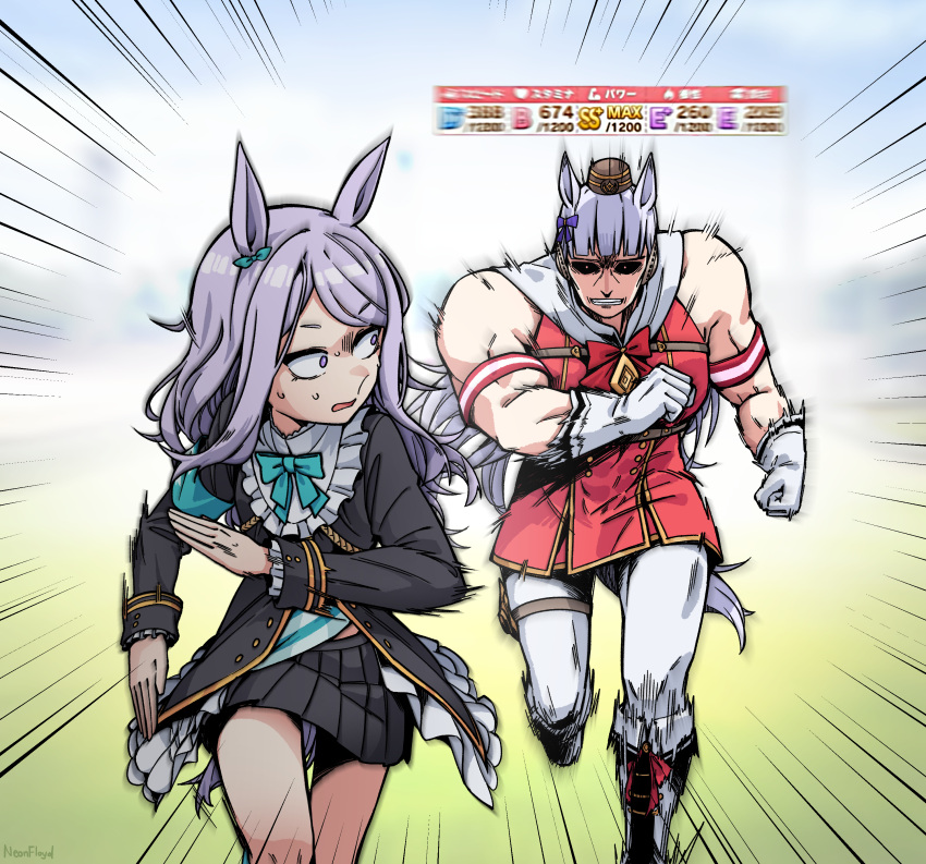 2girls absurdres alternate_muscle_size animal_ears armband black_sclera black_skirt boots bow coat colored_sclera commentary dress frilled_coat frills gameplay_mechanics gloves gold_ship_(umamusume) hairbow highres horse_ears horse_girl horse_tail knee_boots korea korean_commentary light_purple_hair long_hair mejiro_mcqueen_(umamusume) motion_blur motion_lines multiple_girls muscular muscular_female neonfloyd pantyhose parody pillbox_hat pleated_skirt purple_bow purple_eyes red_dress red_eyes running skirt sleeveless sleeveless_dress tail thigh_strap umamusume white_gloves white_hair white_legwear