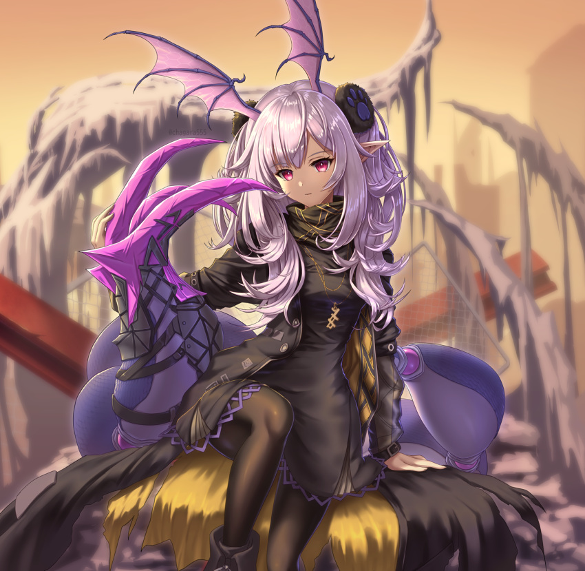 arknights bat_wings black_dress black_footwear black_jacket black_legwear chagara dress female hair_ornament head_wings highres jacket jewelry long_hair looking_at_viewer manticore_(arknights) manticore_(invisible_dirge)_(arknights) necklace official_alternate_costume pink_hair pointy_ears red_eyes rhodes_island_logo_(arknights) scorpion_tail solo tail wings