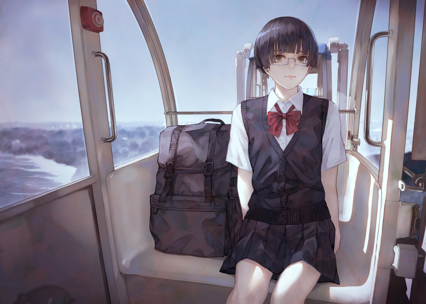 androgynous backpack bag black_hair black_skirt black_vest bow bowtie brown_eyes closed_mouth female ferris_wheel ferris_wheel_interior glasses grey-framed_eyewear highres inagi_risa kaoming looking_at_viewer miniskirt original outdoors pleated_skirt red_bow red_bowtie school_uniform semi-rimless_eyewear shirt short_sleeves sitting skirt solo under-rim_eyewear vest white_shirt