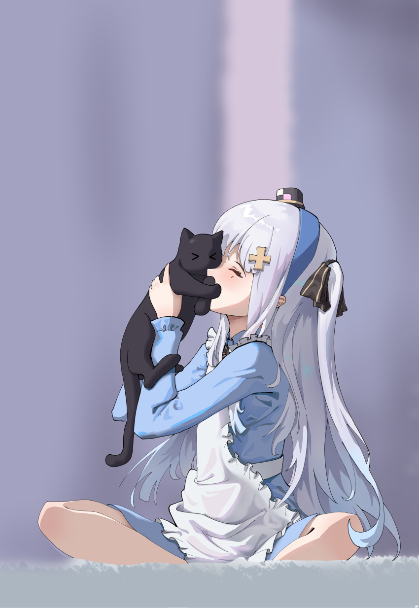 absurdres alternate_costume animal apron black_cat blue_dress blue_hair blush bx_(zhileng_yasuoji) closed_eyes dress feline female girls'_frontline grey_hair hair_ribbon hairband hat highres hk416_(black_kitty's_gift)_(girls'_frontline) hk416_(girls'_frontline) holding holding_animal holding_cat light_blue_hair long_hair mini_hat official_alternate_costume on_floor one_side_up ribbon simple_background solo teardrop_facial_mark white_apron