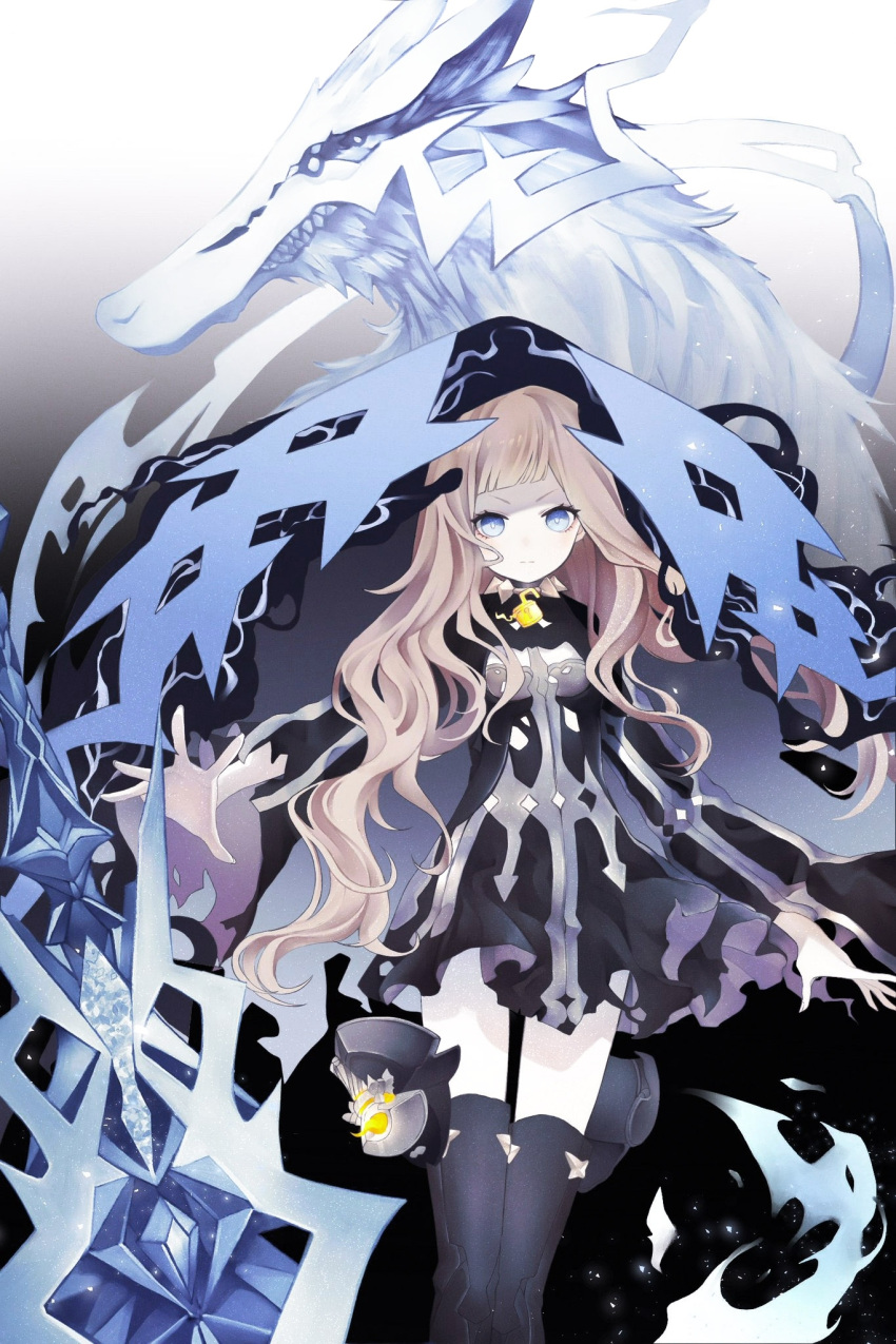 angry bad_id bad_pixiv_id black_dress black_legwear blonde_hair blue_eyes blunt_bangs closed_mouth corruption dim00 dress female frown highres holding holding_weapon lock long_hair looking_at_viewer red_riding_hood_(sinoalice) sinoalice spirit thighhighs wavy_hair weapon wolf zettai_ryouiki