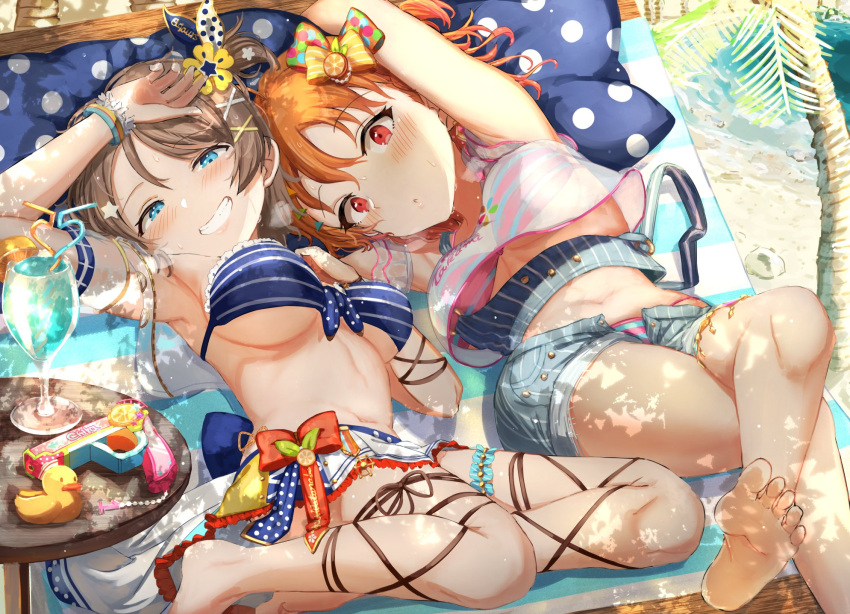 2girls a_chika-tastic_summer ahoge barefoot bikini blue_eyes bow breasts brown_hair cleavage commentary cross-laced_clothes cross-laced_legwear feet foot_out_of_frame grin highres legs looking_at_viewer love_live! love_live!_school_idol_festival_all_stars love_live!_sunshine!! multiple_girls official_alternate_costume ponnu_(nikeytina) short_hair smile soles swimsuit takami_chika toes underboob watanabe_you