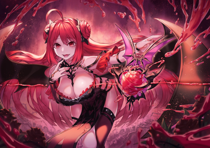 black_wings blood breasts demon_girl demon_wings doku-chan_(dokkudokudoku) erze_(king's_raid) female flower highres king's_raid large_breasts long_hair looking_at_viewer photoshop_(medium) red_eyes red_hair rose smile solo thighhighs thorns wings