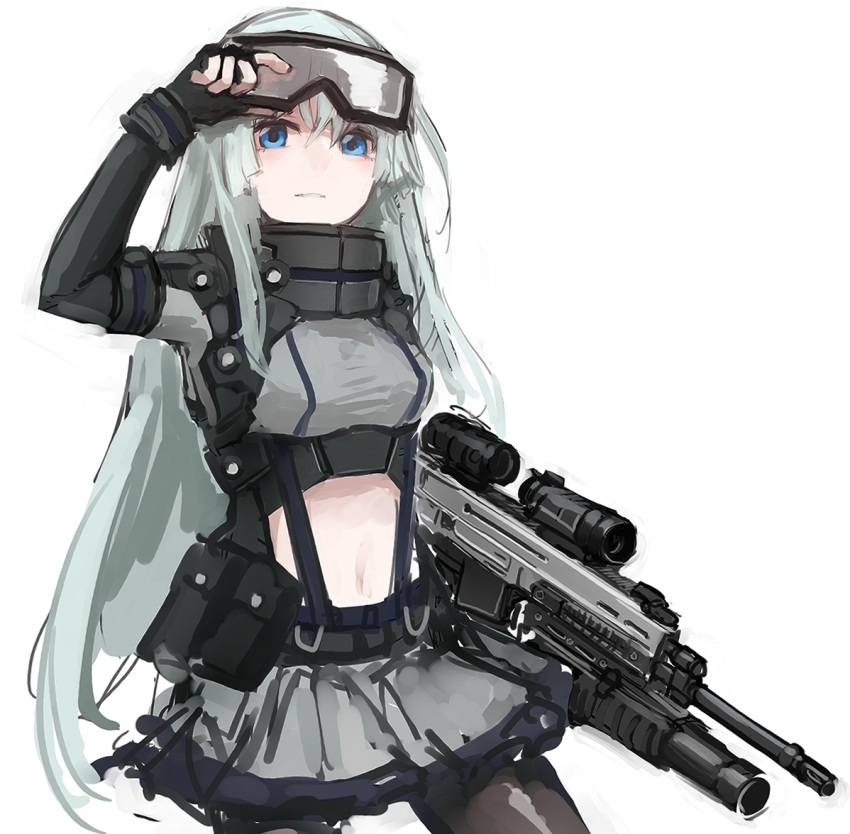 adjusting_goggles ammunition_pouch arm_up assault_rifle belt_pouch black_gloves black_pantyhose blue_eyes clothing_cutout commentary cowboy_shot crop_top cz-805_(girls'_frontline) cz_805_bren female fingerless_gloves girls'_frontline gloves goggles goggles_on_head grenade_launcher grey_hair grey_skirt gun hair_between_eyes hand_on_goggles holding holding_gun holding_weapon long_hair looking_at_viewer miniskirt navel navel_cutout optical_sight pantyhose parted_lips pleated_skirt pouch rampart1028 rifle sidelocks simple_background skirt solo stomach underbarrel_grenade_launcher weapon white_background