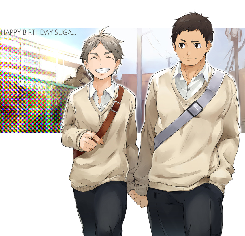 2boys 8_(yamalu) brown_eyes brown_hair commentary_request grey_hair haikyuu!! highres looking_at_viewer male_focus mole mole_under_eye multiple_boys muscular muscular_male open_mouth sawamura_daichi shirt short_hair sideburns smile sugawara_koushi