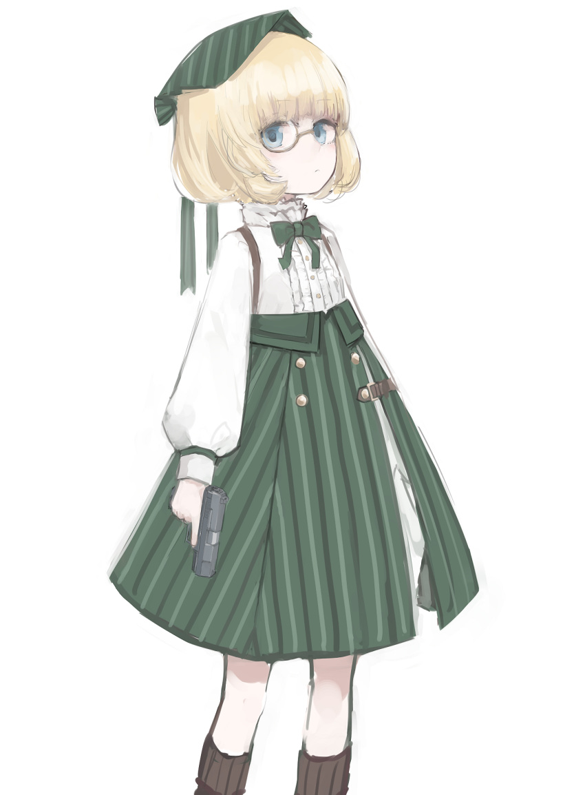 blonde_hair blue_eyes bow bowtie buttons closed_mouth collared_shirt commentary feet_out_of_frame female girls'_frontline green_bow green_bowtie green_hat green_skirt gun handgun hat highres holding holding_gun holding_weapon long_sleeves looking_at_viewer medium_skirt monocle p99_(girls'_frontline) rampart1028 shirt short_hair simple_background skirt socks solo striped_clothes striped_skirt walther walther_p99 weapon white_background white_shirt