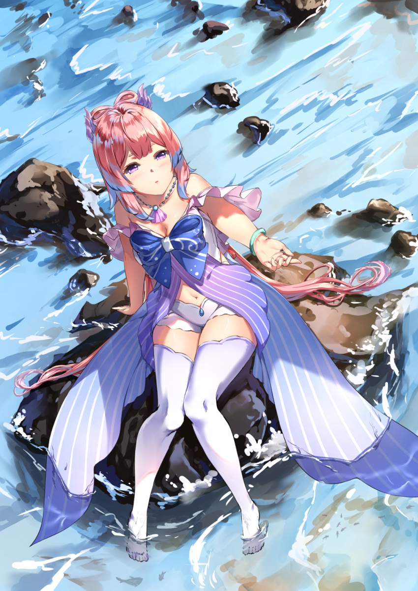 bare_shoulders blue_hair blush bow-shaped_hair breasts chahei cleavage commentary_request female full_body genshin_impact highres multicolored_hair navel no_shoes outstretched_arm parted_lips pink_hair purple_eyes sangonomiya_kokomi shallow_water short_eyebrows short_shorts shorts sitting small_breasts solo thick_eyebrows thighhighs two-tone_hair water white_shorts white_thighhighs