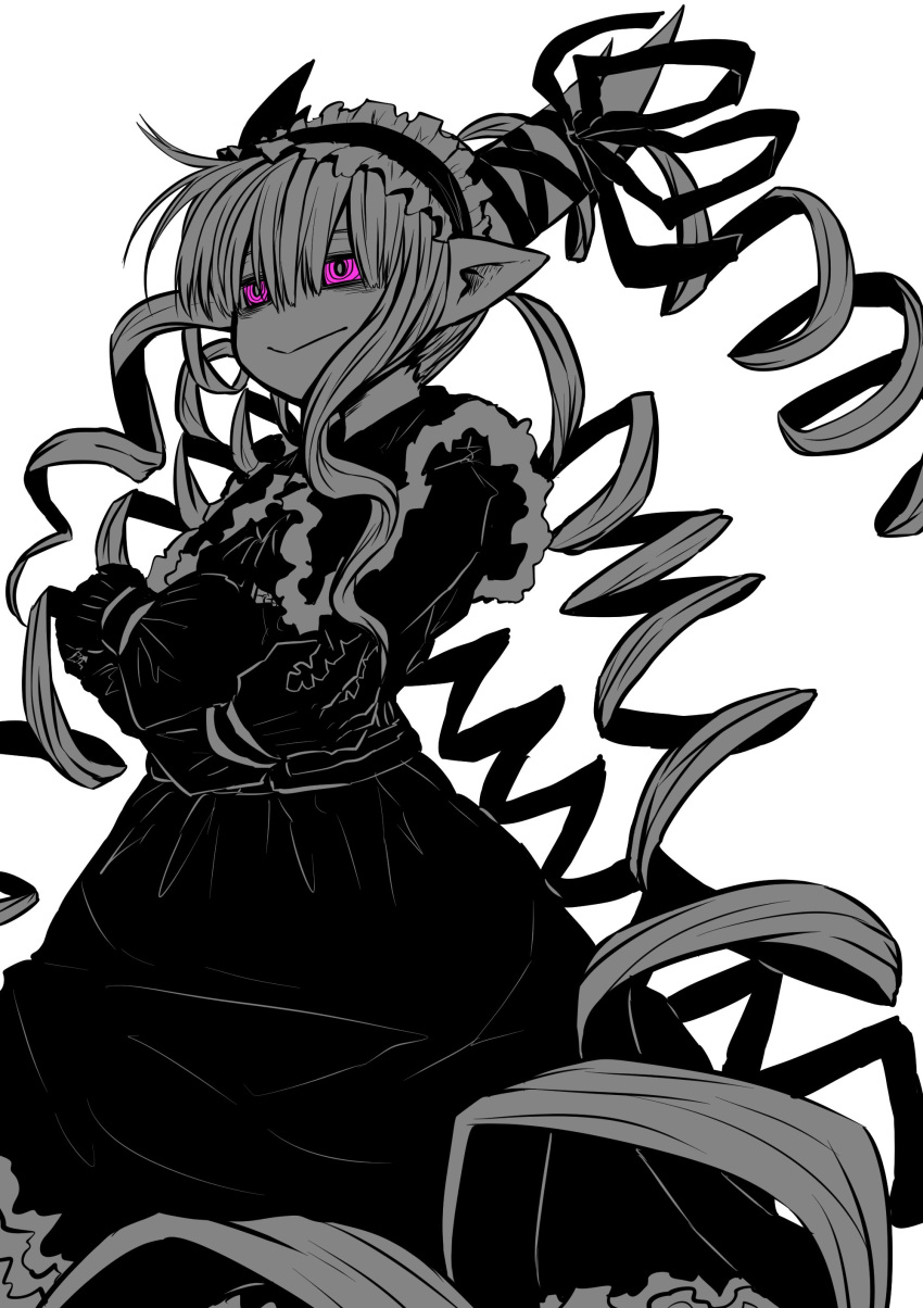 :> absurdres black_dress crossed_arms demon_girl demon_horns dress drill_hair female highres horns limited_palette lolita_fashion looking_to_the_side musuko_ga_kawaikute_shikatanai_mazoku_no_hahaoya nightmare_(mazohaha) pink_eyes pointy_ears ribbon white_background zyugoya