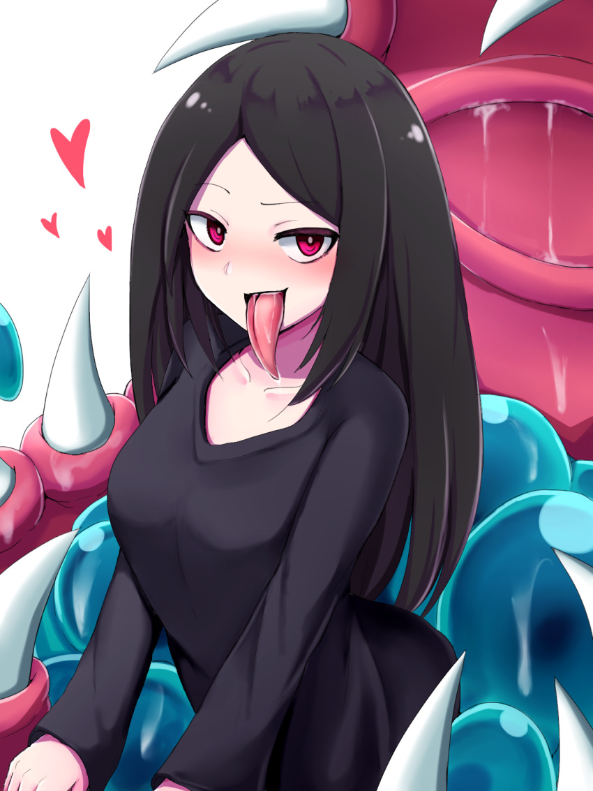 black_dress black_hair breasts collarbone commentary_request dress female heart highres long_hair long_tongue looking_at_viewer mimic mimic_chest minelli_(mon-musu_quest!) mon-musu_quest! monster_girl open_mouth raichi_(ddq0246) red_eyes saliva sharp_teeth simple_background slime_(substance) solo teeth tongue tongue_out white_background