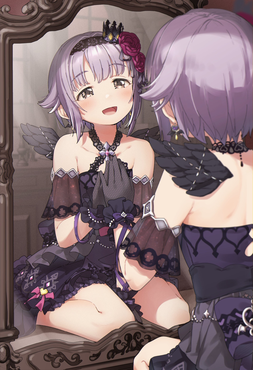 :d absurdres bare_shoulders black_dress black_gloves black_hairband black_wings brown_eyes collarbone commentary crown detached_sleeves dress feathered_wings female flower gloves hair_flaps hair_flower hair_ornament hairband half-closed_eyes highres idolmaster idolmaster_cinderella_girls koshimizu_sachiko looking_at_reflection mini_crown mirror narcissism on_floor purple_flower purple_hair purple_rose reflection rose see-through see-through_sleeves sitting smile solo wariza wings yukie_(kusaka_shi)