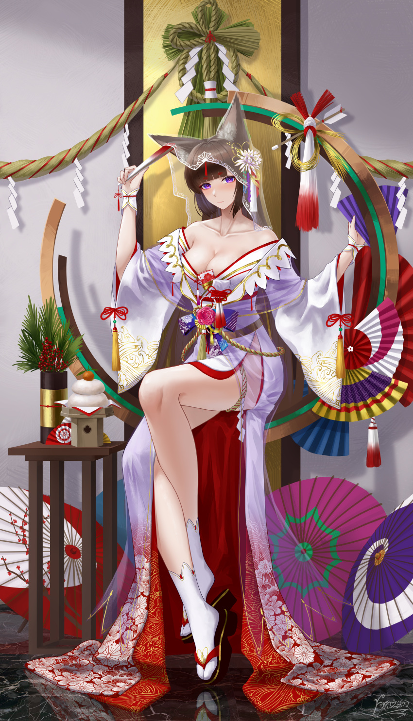 absurdres alternate_costume amagi_(azur_lane) animal_ear_fluff animal_ears azur_lane bare_shoulders breasts bride chinese_commentary cleavage commentary_request female floral_print flower folding_fan frozen-sad full_body hand_fan highres holding holding_fan japanese_clothes kimono large_breasts long_hair long_sleeves looking_at_viewer oil-paper_umbrella paper_fan pink_flower pink_umbrella purple_eyes purple_umbrella red_umbrella reflection reflective_floor sandals see-through shiromuku sitting socks solo tabi uchikake umbrella very_long_hair wataboushi white_kimono white_socks wide_sleeves zouri