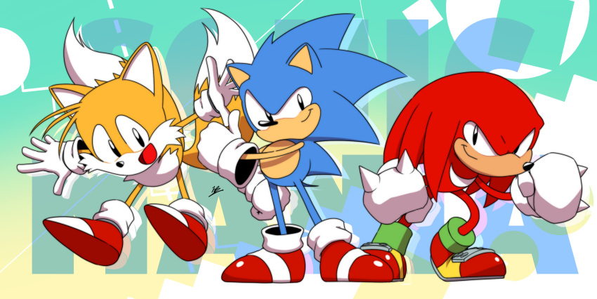 3boys :d animal_nose anniversary banel_springer closed_mouth commentary_request copyright_name furry furry_male gloves highres knuckles_the_echidna male_focus multiple_boys multiple_tails open_mouth red_footwear shoes smile sneakers snout sonic_(series) sonic_mania sonic_the_hedgehog sonic_the_hedgehog_(classic) tail tails_(sonic) thumbs_up two_tails white_gloves