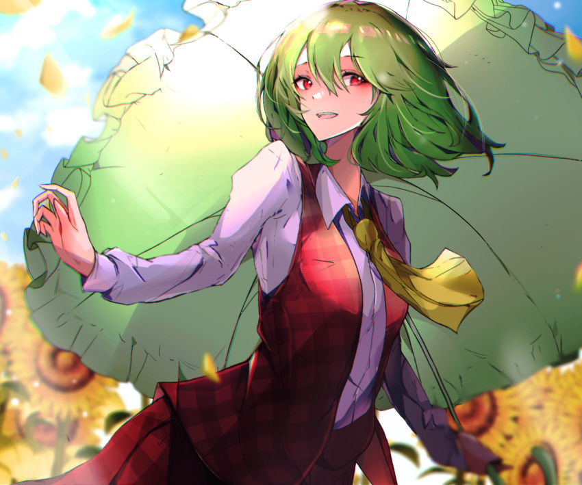 :d ascot center_frills closed_mouth collared_shirt cowboy_shot day eyebrows_visible_through_hair falling_petals female flower frills garden_of_the_sun green_hair hand_in_hair kazami_yuuka krs_(kqrqsi) long_sleeves looking_to_the_side open_mouth petals plaid plaid_skirt plaid_vest red_eyes red_skirt red_vest shirt short_hair skirt smile solo standing sunflower touhou vest white_shirt wing_collar yellow_ascot